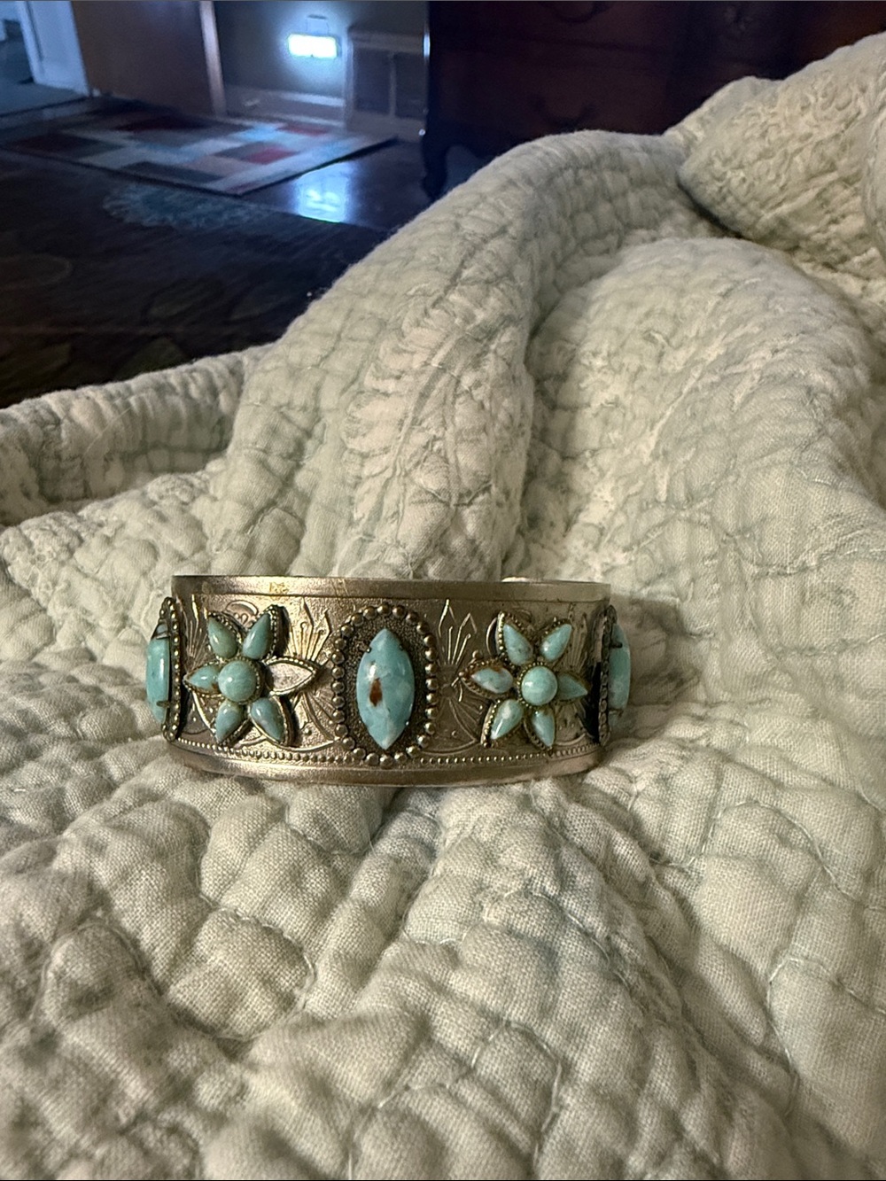 Artisan Silver-Tone Turquoise Flower Cuff Bracelet ….one little stone missing.
